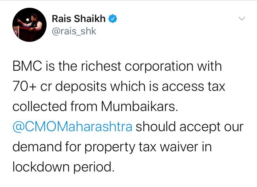 BMC Corporator Rais Shaikh tweets in favour of waiving off property tax