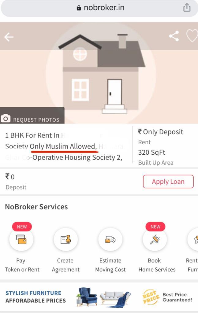 Only Muslims Allowed Ad on the portal of NoBroker 
