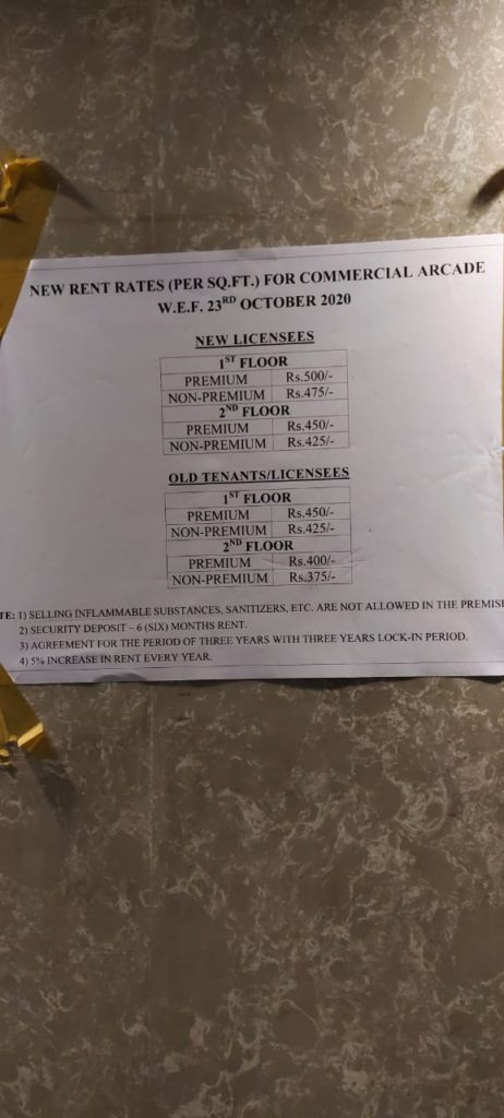 Notice pasted at Commercial Arcade for Rent hike post the fire at City Centre Mall