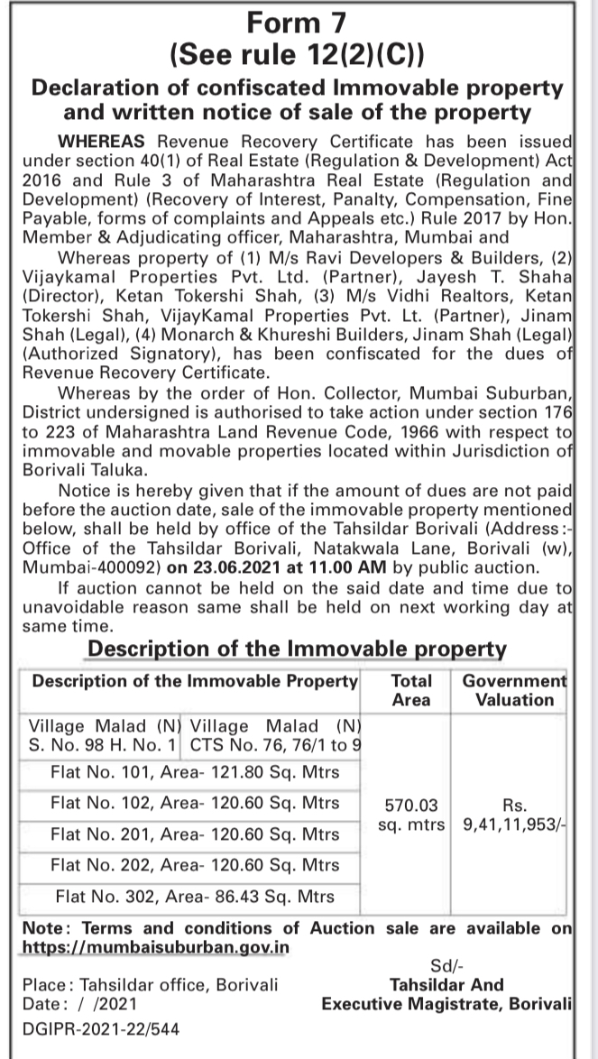 The Notice of Sale of Property Issued by Tehsildar, Borivali. 