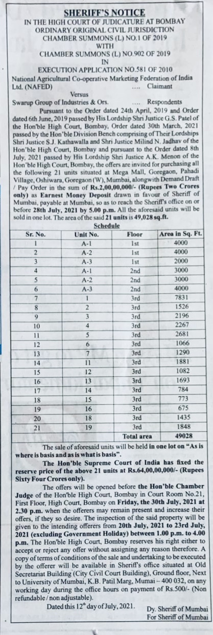 Notice from Sheriff for sale of 21 units in Mega Mall