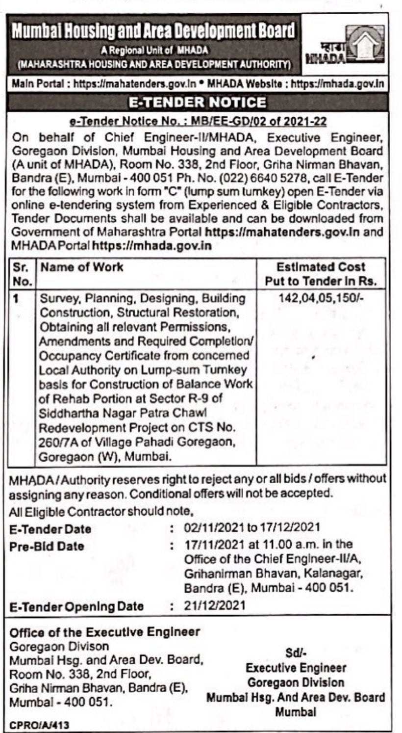 MHADA FLOATS TENDER FOR REDEVLOPMENT OF Patra Chawl