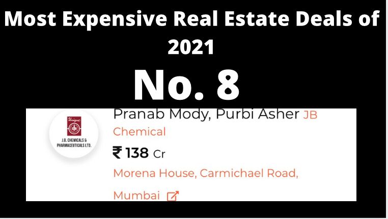  Pranabh Mody and Purbi Asher, of J B Chemicals & Pharmaceuticals, bought two sea-view luxury apartments in JSW Realty’s under-construction project Morena House in South Mumbai’s Carmichael Road for Rs 138 crore 