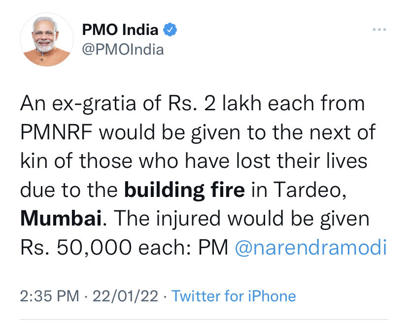 Tweet by PMO Infia where the cost of ₹ 2lakh was awarded to the deceased 