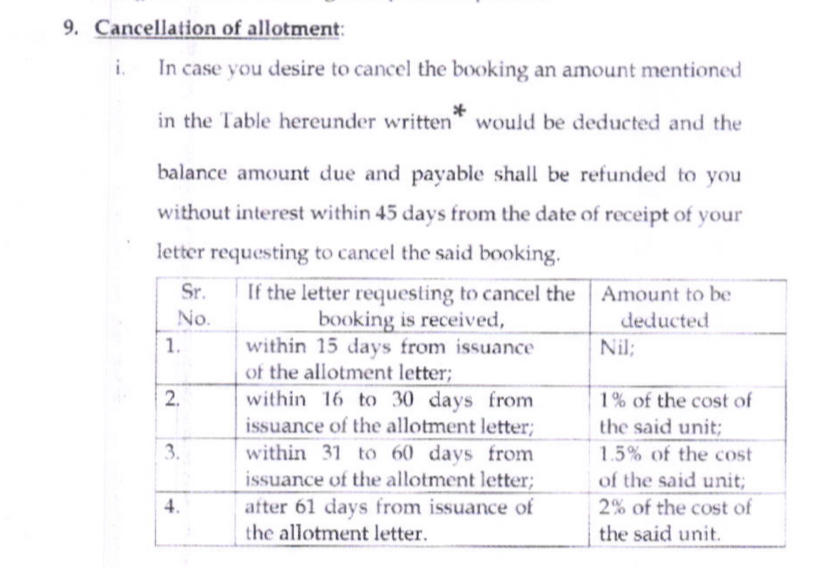 Failure by a homebuyer to pay the next immediate installment after raised by the builder within 15 days can lead to cancellation of the allotment.