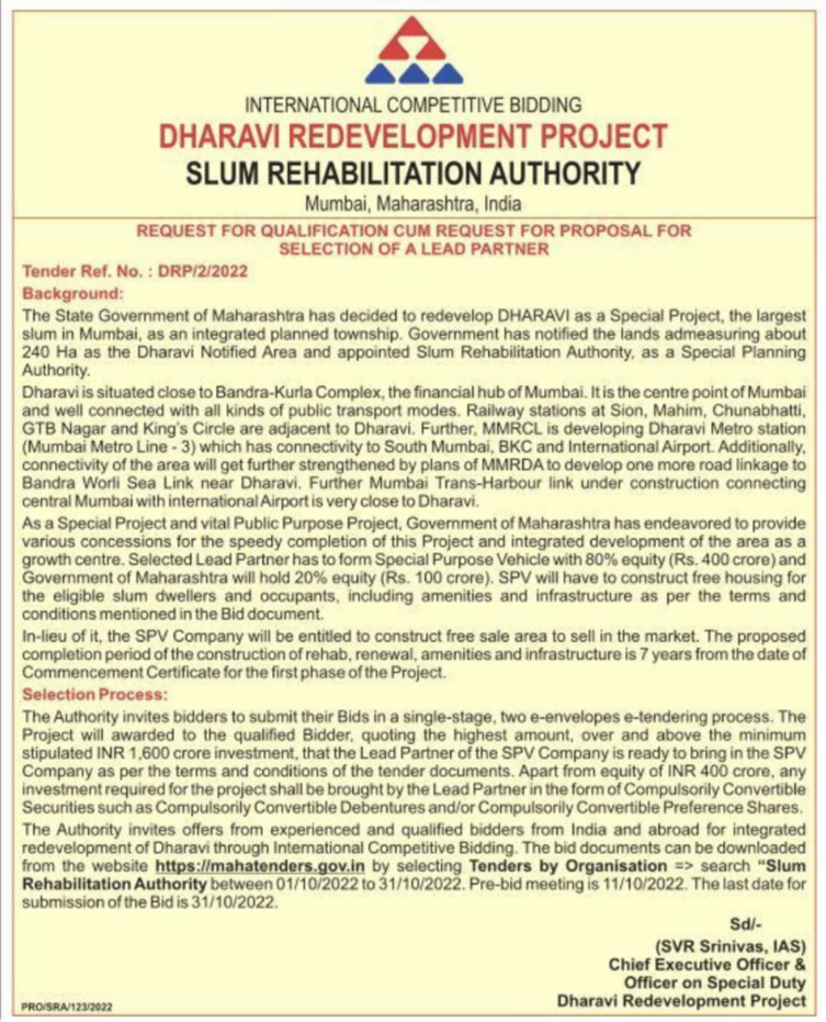 Global Tender floated for Dharavi Redevelopment 