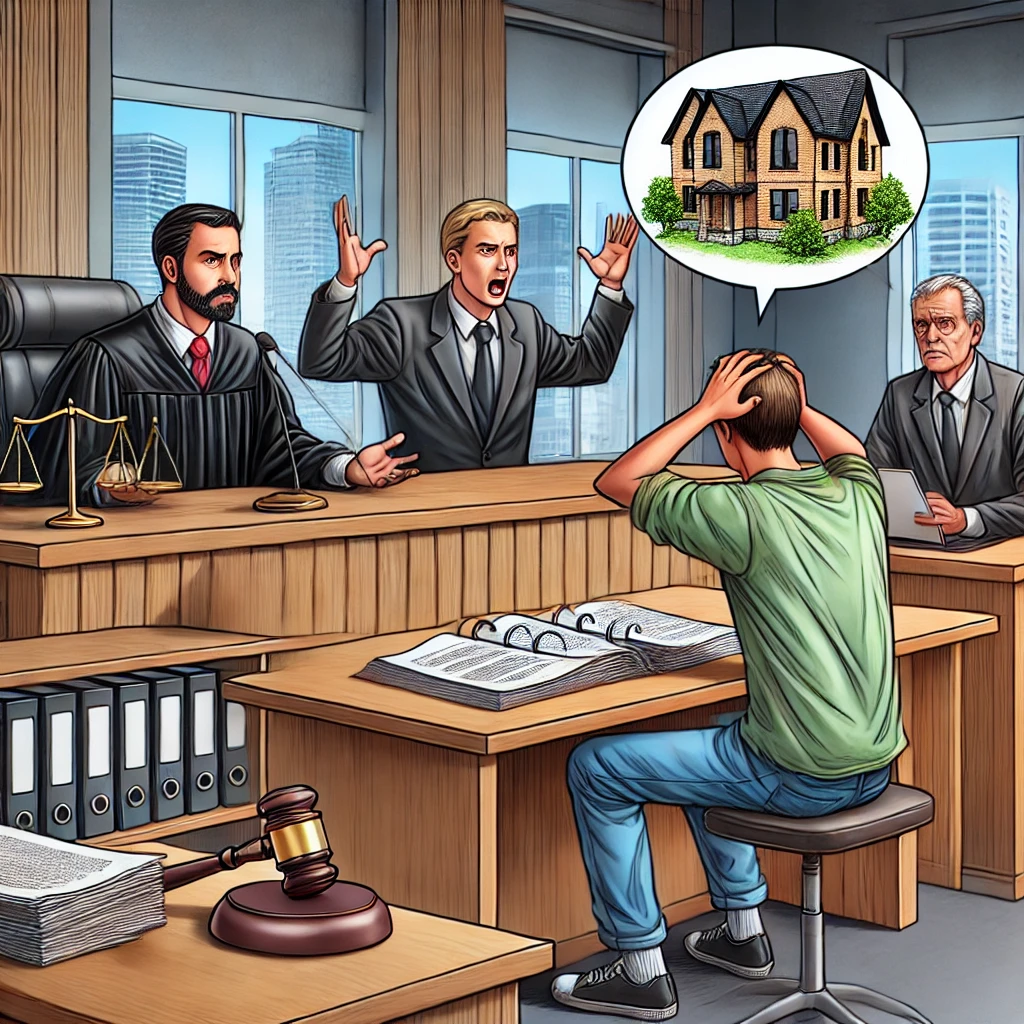 A courtroom scene depicting a legal dispute over a redevelopment project. A judge is seated at the bench, dismissing a complaint, while a frustrated resident argues their case. In the background, a real estate developer and a housing society representative discuss documents. The setting includes legal books, case files, and a formal courtroom atmosphere.