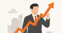 A confident businessman holds a rising arrow symbolizing growth, with a city skyline in the background—illustrating real estate’s dominant share in AIF investments till 9M FY25.