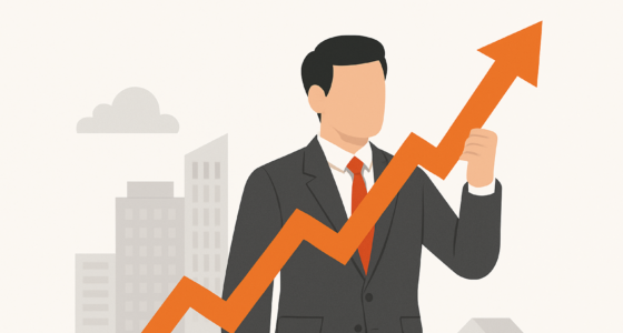 A confident businessman holds a rising arrow symbolizing growth, with a city skyline in the background—illustrating real estate’s dominant share in AIF investments till 9M FY25.