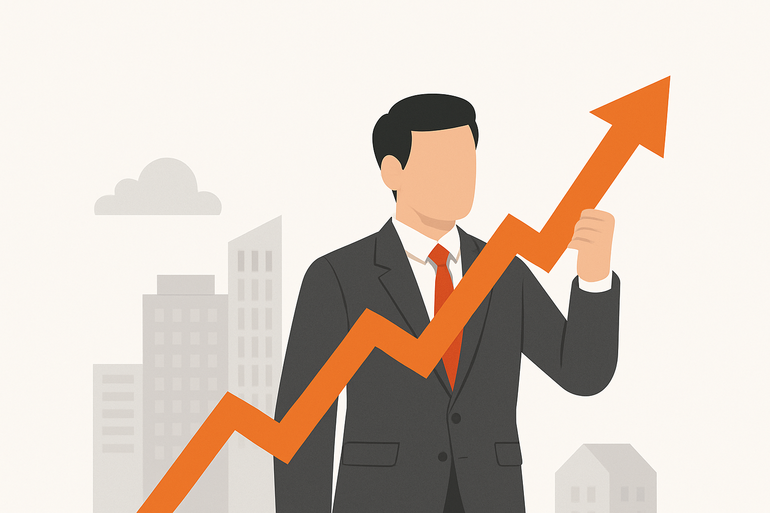 A confident businessman holds a rising arrow symbolizing growth, with a city skyline in the background—illustrating real estate’s dominant share in AIF investments till 9M FY25.