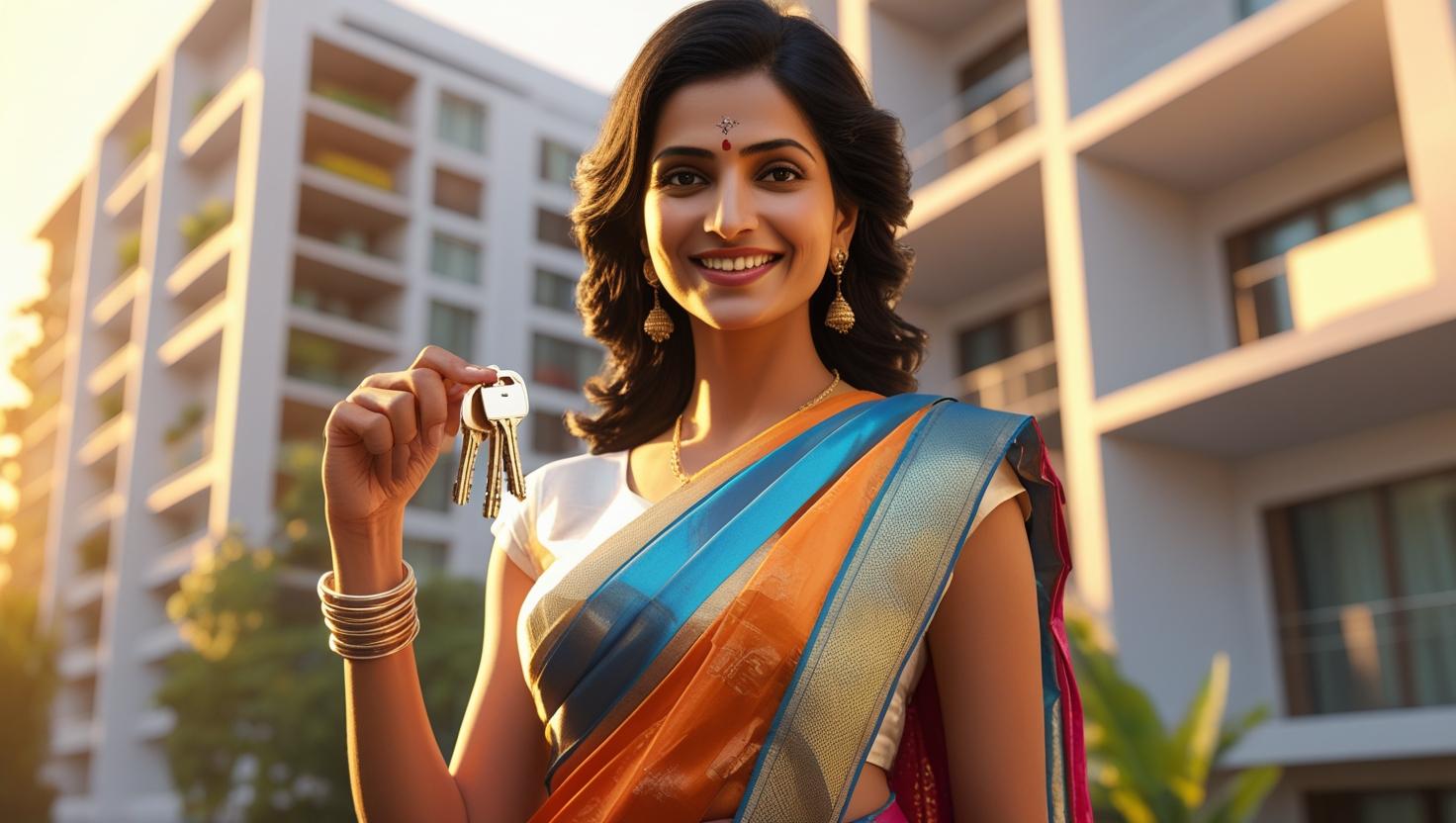 An Indian woman in her 30s standing confidently in front of a newly purchased modern apartment building, holding house keys in her hand, wearing traditional attire with a modern touch, soft sunlight, happy and empowering mood, urban residential setting, clean and aspirational style
