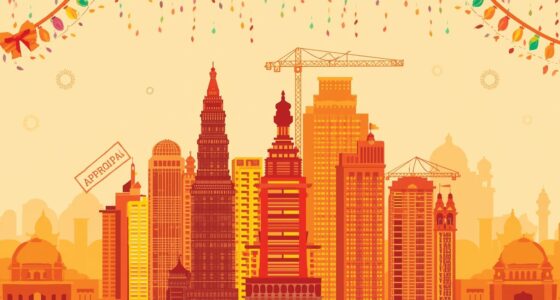A vibrant festive-themed illustration of Maharashtra real estate boom — showing buildings under construction, approval stamps, and festive Dussehra elements like a bow and arrow or decorative lights. Include a map outline of Maharashtra subtly in the background. Use warm festive colors (orange, yellow, red) blended with modern real estate visuals to reflect optimism and growth.