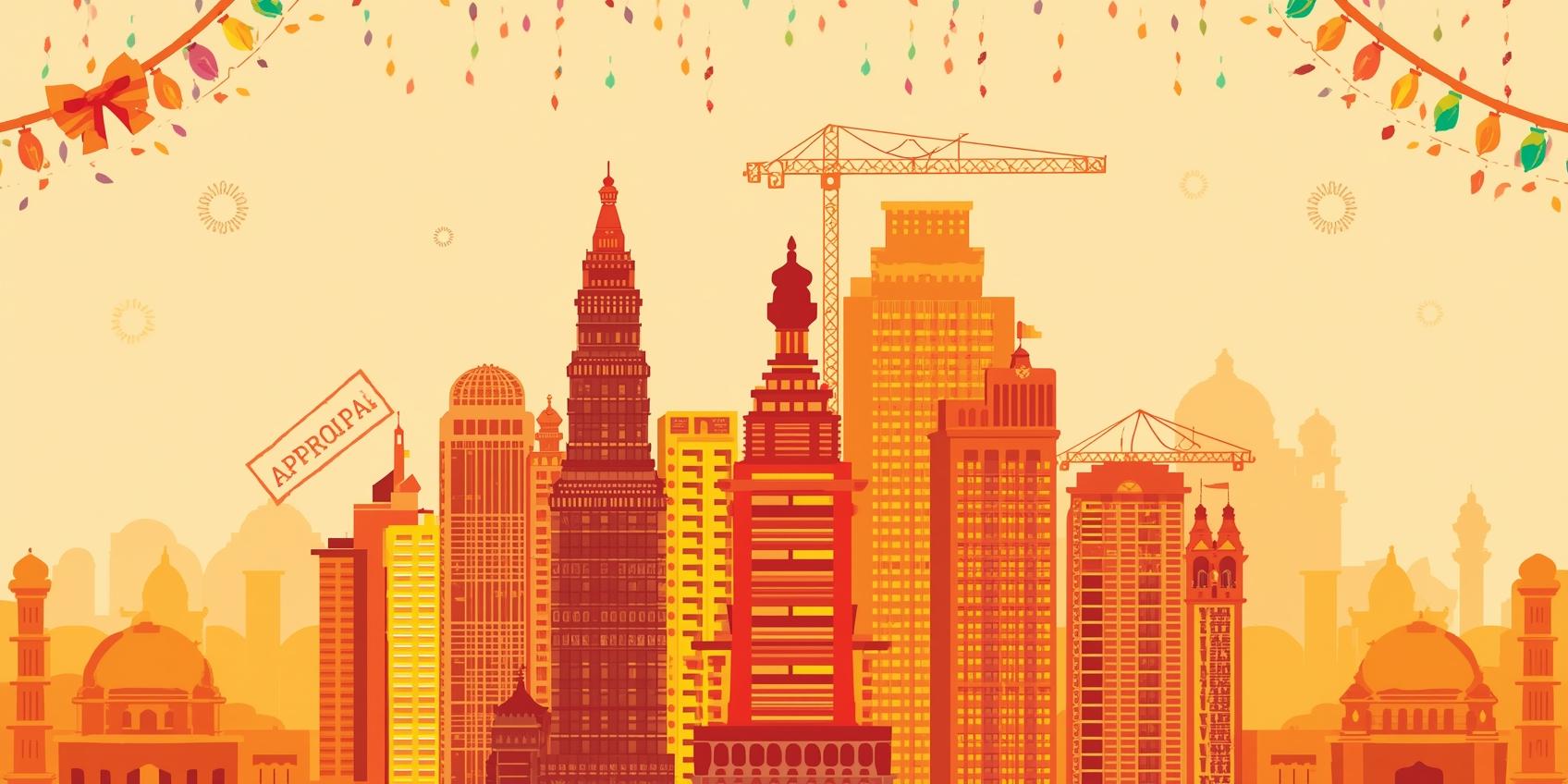 A vibrant festive-themed illustration of Maharashtra real estate boom — showing buildings under construction, approval stamps, and festive Dussehra elements like a bow and arrow or decorative lights. Include a map outline of Maharashtra subtly in the background. Use warm festive colors (orange, yellow, red) blended with modern real estate visuals to reflect optimism and growth.