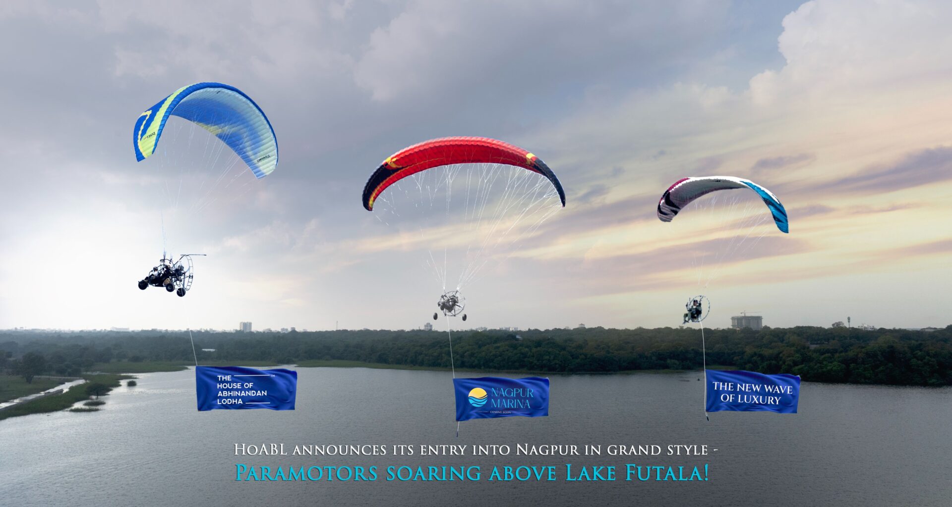 The House of Abhinandan Lodha (HoABL) marked its grand entry into Nagpur with an aerial paramotor show over Futala Lake, announcing its new plotted development — Nagpur Marina — inspired by waterfront living.