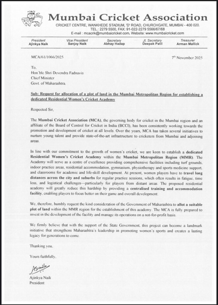 Following India's historic ICC Women's World Cup 2025 victory, the Mumbai Cricket Association (MCA) has urgently requested a plot of land from Maharashtra CM Devendra Fadnavis for a dedicated, non-profit Residential Women's Cricket Academy in the Mumbai Metropolitan Region.