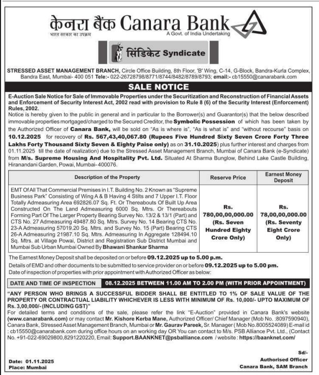 The Sale Notice issued by Canara Bank for the auction of Supreme Business Park