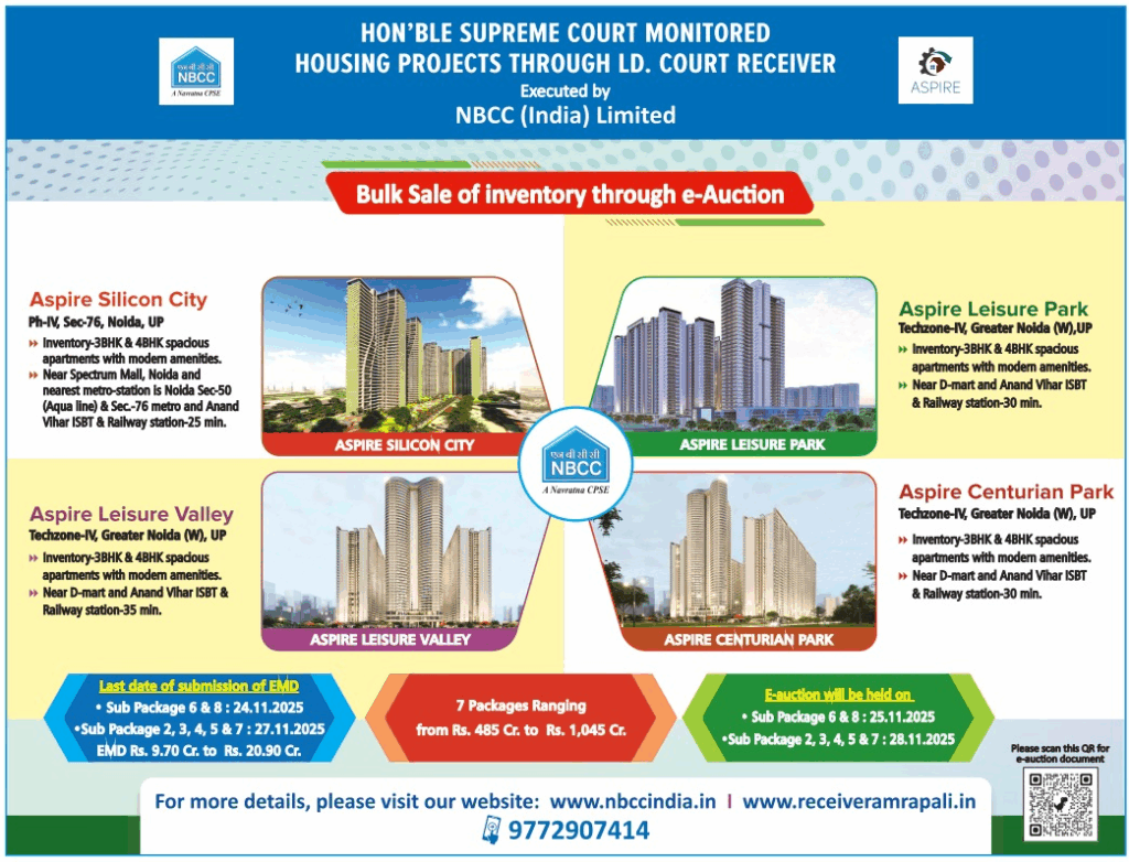 Under Supreme Court directions, NBCC is conducting a bulk e-auction of remaining flats in four Amrapali Aspire projects in Noida and Greater Noida West, with reserve prices ranging from ₹485 crore to ₹1,045 crore and bidding set for November 28, 2025.
