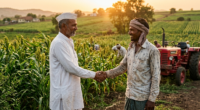 A vibrant, realistic photograph of lush green agricultural fields in rural Maharashtra at golden hour, showing a middle-aged Marathi landowner and a young landless farmer shaking hands warmly in the foreground, with a tractor and standing crops in the background, soft sunlight filtering through, conveying trust, partnership, and agricultural prosperity, highly detailed, cinematic composition, no text or logos anywhere in the image.
