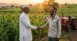 A vibrant, realistic photograph of lush green agricultural fields in rural Maharashtra at golden hour, showing a middle-aged Marathi landowner and a young landless farmer shaking hands warmly in the foreground, with a tractor and standing crops in the background, soft sunlight filtering through, conveying trust, partnership, and agricultural prosperity, highly detailed, cinematic composition, no text or logos anywhere in the image.