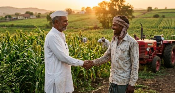 A vibrant, realistic photograph of lush green agricultural fields in rural Maharashtra at golden hour, showing a middle-aged Marathi landowner and a young landless farmer shaking hands warmly in the foreground, with a tractor and standing crops in the background, soft sunlight filtering through, conveying trust, partnership, and agricultural prosperity, highly detailed, cinematic composition, no text or logos anywhere in the image.
