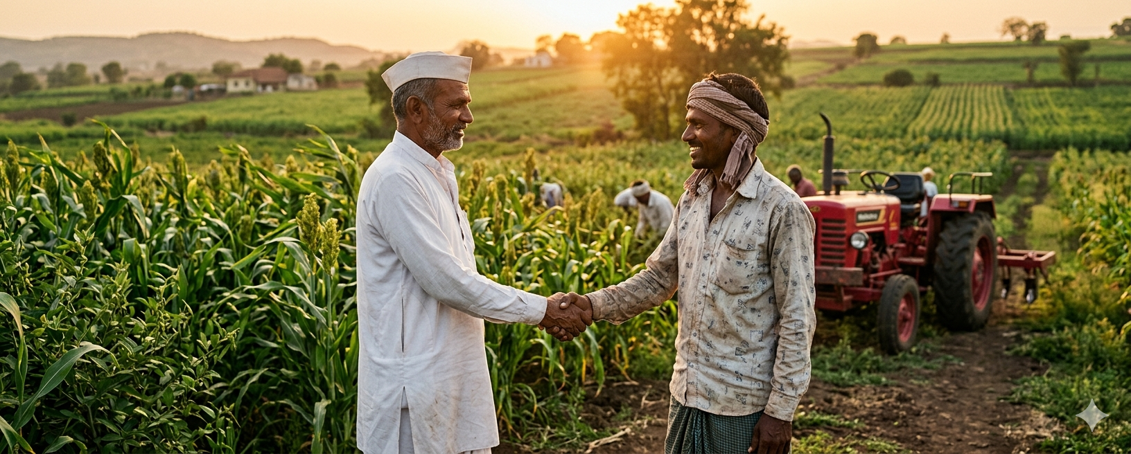 A vibrant, realistic photograph of lush green agricultural fields in rural Maharashtra at golden hour, showing a middle-aged Marathi landowner and a young landless farmer shaking hands warmly in the foreground, with a tractor and standing crops in the background, soft sunlight filtering through, conveying trust, partnership, and agricultural prosperity, highly detailed, cinematic composition, no text or logos anywhere in the image.