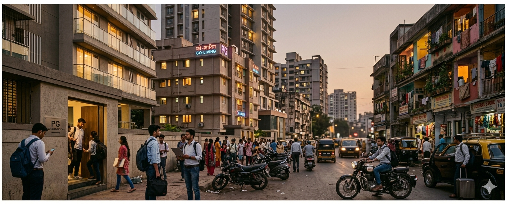 AI Image Prompt: India sees a 30% surge in rental housing searches as PGs, hostels, and flexible living options gain traction across cities.